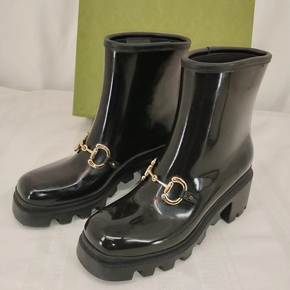 GUCCI Luxe Horse Bit Boots SNAKE ON BOTTOM! Black Rubber Snow or Rain - Picture 11 of 13